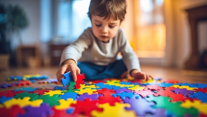 Little Boy Concentrating While Assembling a Colorful Jigsaw Puzzle