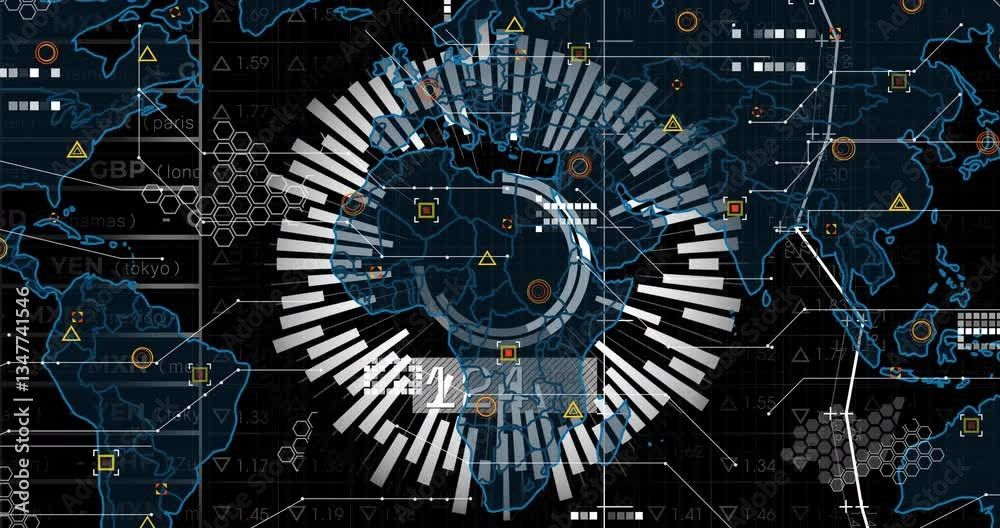 Poster in school, creating animation of futuristic global map with circular bar graphs