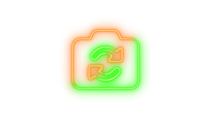 Neon camera rotate symbol icon brown green color glowing with transparent background