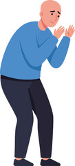 Fototapeta premium A worried man in a blue sweater crouching with hands raised in a defensive posture, flat vector art depicting anxiety and vulnerability