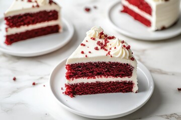 A high-angle shot of a decadent red velvet cake with cream cheese frosting, perfectly sliced and served on elegant white plates, premium dessert showcase