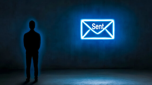Businessman looking at glowing sent email notification in dark room