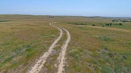 Serene Prairie Landscape: A Scenic Dirt Road Journey Through Vast Grasslands