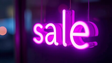 neon sign "sale" in purple on a dark blue background