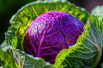 Fototapeta premium In Boylston, Massachusetts, a close-up view of a large cabbage, known as Brassica oleracea, is captured