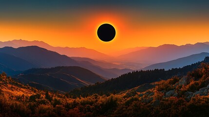 Obraz premium Solar Eclipse Phenomenon over Mountainous Landscape with Vibrant Sunset Hues