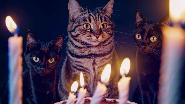 Un grupo de gatos rodea una tarta con velas encendidas en la oscuridad, mientras el gato del centro, con expresi&oacute;n seria, parece ser el protagonista de la celebraci&oacute;n.  
