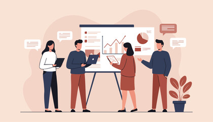 Business Teamwork and Data Analysis Illustration Office Meeting, Analytics, Growth Strategy.