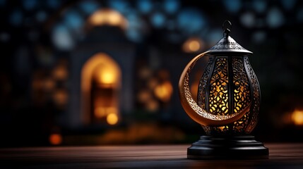 Elegant Ramadan lantern with crescent moon in front of mosque backdrop