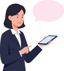 Professional woman in a dark suit engaging with a smartphone, flat design vector illustration conveying communication and modern technology interaction