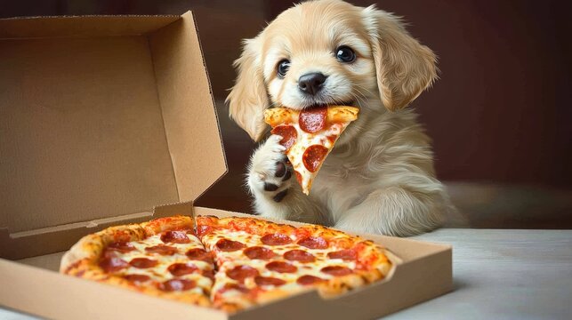Playful puppy enjoys delicious pizza in cozy indoor setting adorable moment captured with joyful vibes