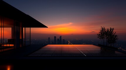 Modern penthouse rooftop pool at sunset