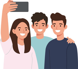 Fototapeta premium Three friends joyfully taking a selfie together in a cheerful and bright flat vector illustration
