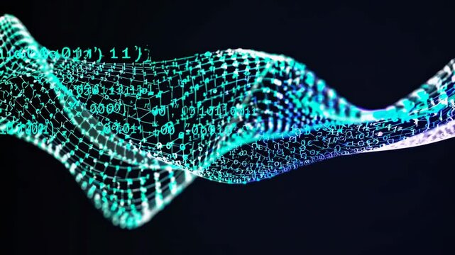 Representaci&oacute;n abstracta de una red digital con datos binarios flotando en un entorno futurista, simbolizando tecnolog&iacute;a, inteligencia artificial y procesamiento de datos.