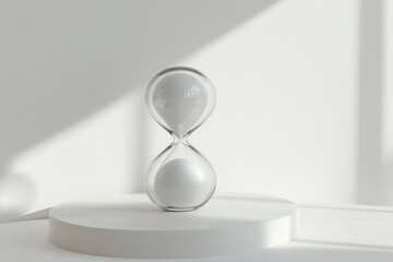 Minimalist white hourglass on platform against a white background with soft light. Use for concepts of time, deadlines, or product presentation with a clean look.