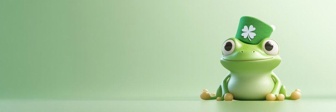 Adorable green frog in a shamrock hat.