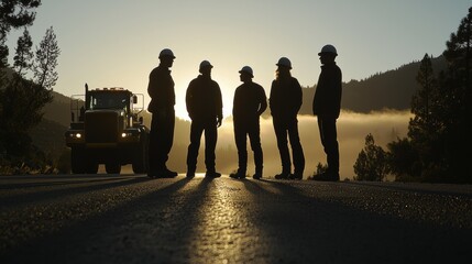 Safety meeting among construction workers at sunrise industry discussion outdoor setting silhouette view