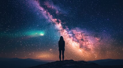 Fototapeta premium Lone woman gazes at the Milky Way from a hilltop at night