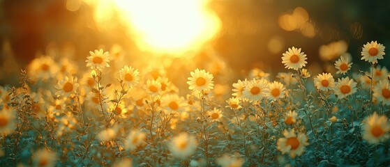 Fototapeta premium Golden hour sunlight illuminates cheerful daisy field.