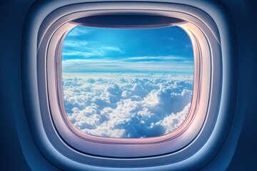 Airplane window view with blue sky and fluffy white clouds outside. Use it to convey travel, vacation, dreams, freedom and new adventures.