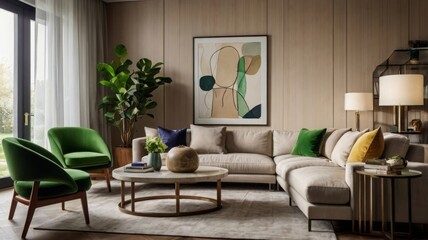 Cozy Modern Living Room with Vibrant Green Accents and Natural Light