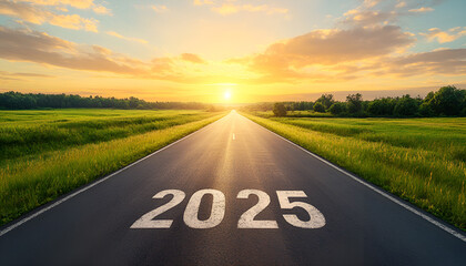 The end of an empty road path and the start of a new year in 2025. New goals for 2025 and leaving behind 2024. Passing. New goals for 2025 and leaving