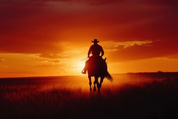 Cowboy riding into the sunset in a vibrant golden landscape