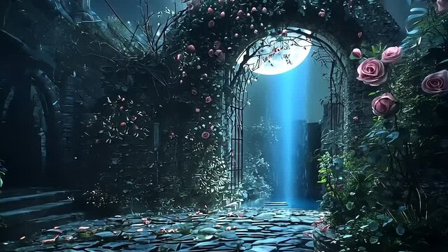 A mystical, moonlit gothic scene featuring roses growing over an old stone home and an arched gateway.