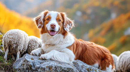 Adorable Dog with Sheep in Autumn Landscape