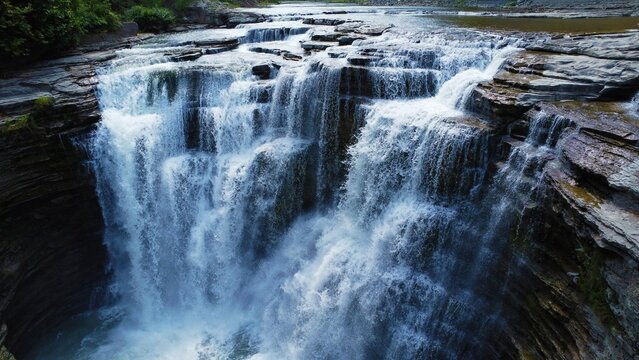 Bridge over Multi-layer Huge Waterfall at Letchworth State Park in Upstate New York