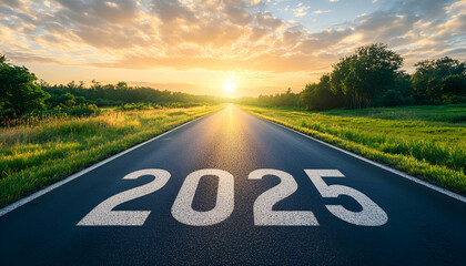 The end of an empty road path and the start of a new year in 2025. New goals for 2025 and leaving behind 2024. Passing. New goals for 2025 and leaving
