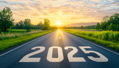 The end of an empty road path and the start of a new year in 2025. New goals for 2025 and leaving behind 2024. Passing. New goals for 2025 and leaving