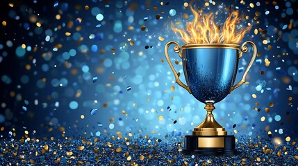 A blue trophy with golden flames and sparkles on a glittering blue and gold background symbolizing victory and celebration