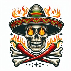 Fototapeta premium Skull wearing a sombrero, with crossed chili peppers and flames. White background. Space for text.