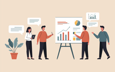 Business Teamwork and Data Analysis Illustration Office Meeting, Analytics, Growth Strategy.