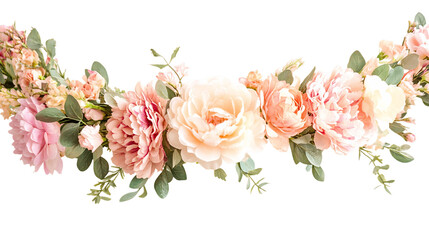 Peach and Pink Rose Floral Garland on Transparent Background, PNG