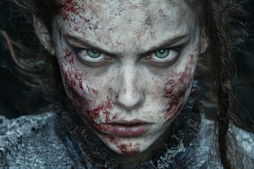 Fototapeta premium The image depicts a terrifying female zombie in a close-up shot, embodying the horror often associated with Halloween