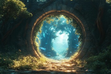 Fototapeta premium Mystical stone archway reveals serene forest path.