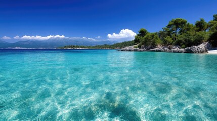 Fototapeta premium Crystal-clear turquoise water lapping a pristine beach, fringed by lush green trees and distant mountains under a vibrant blue sky