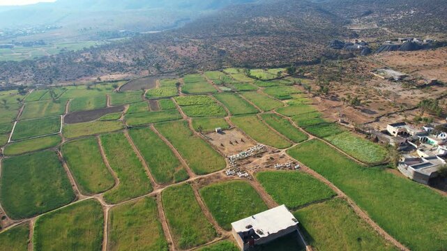 Aerial view of village between hills in Chakwal, Pakistan.