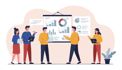 Business Teamwork and Data Analysis Illustration Office Meeting, Analytics, Growth Strategy.