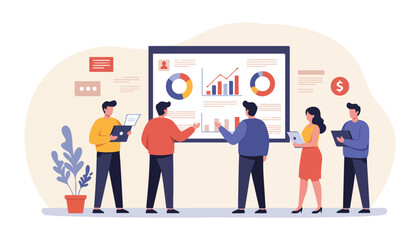 Business Teamwork and Data Analysis Illustration Office Meeting, Analytics, Growth Strategy.