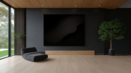 Modern minimalist living room with dark walls and large art piece