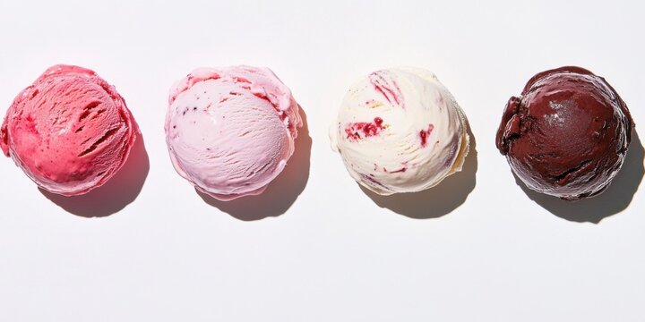 Cuatro bolas de helado en colores variados sobre fondo blanco