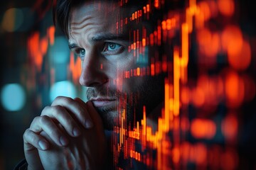 Man contemplates glowing data screen, pensive expression.