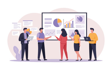 Business Teamwork and Data Analysis Illustration Office Meeting, Analytics, Growth Strategy.