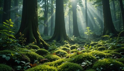 A tranquil and verdant atmosphere is formed by thriving moss with its delicate and intricate patterns in shaded understory of a forest