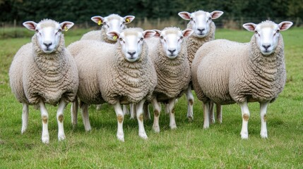 Fototapeta premium Majestic Flock: Six Sheep in a Lush Green Pasture