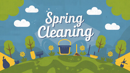 Spring cleaning scene with stylized icons and text suitable for a microstock image