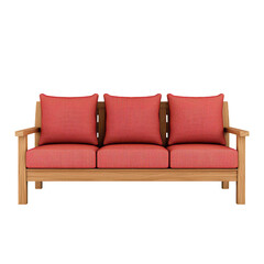 Fototapeta premium A stylish wooden sofa featuring natural finish and vibrant red cushions, perfect for enhancing any living space with comfort and elegance. This piece combines modern design with classic charm